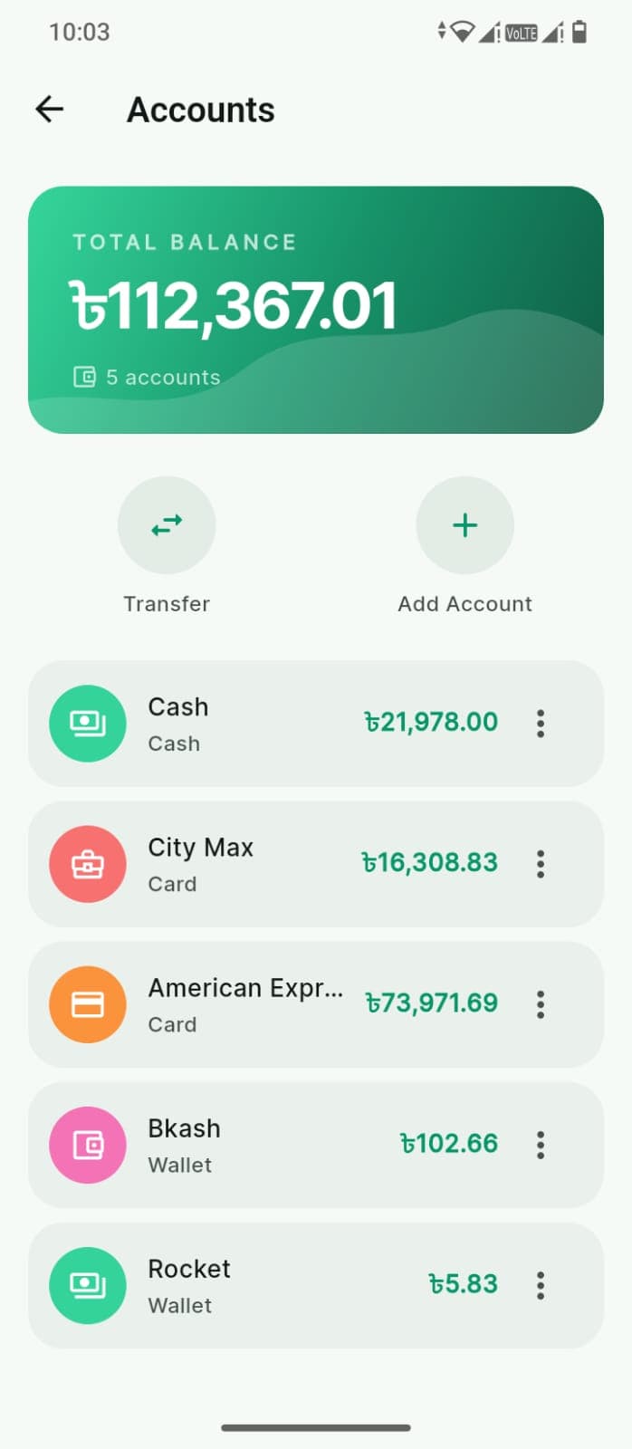 The HisabX accounts screen: a combined balance across five accounts, with cash, cards and mobile wallets listed together and their own balances beside them.